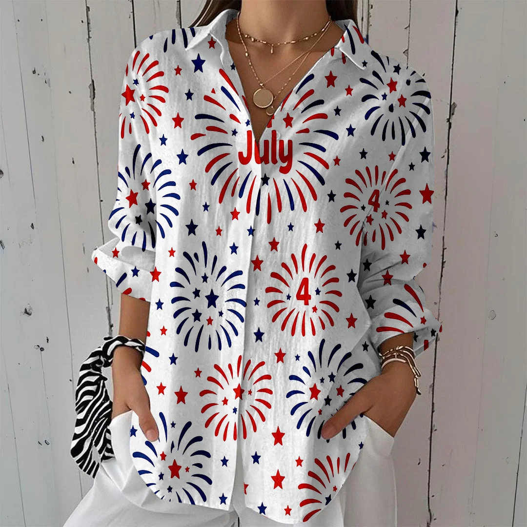 Style & Comfort for Mature Women Women  Independence Day, Star, Striped, Blue, Red DZCL0234 3/4 Sleeve Shirt Collar Printed Button Tops