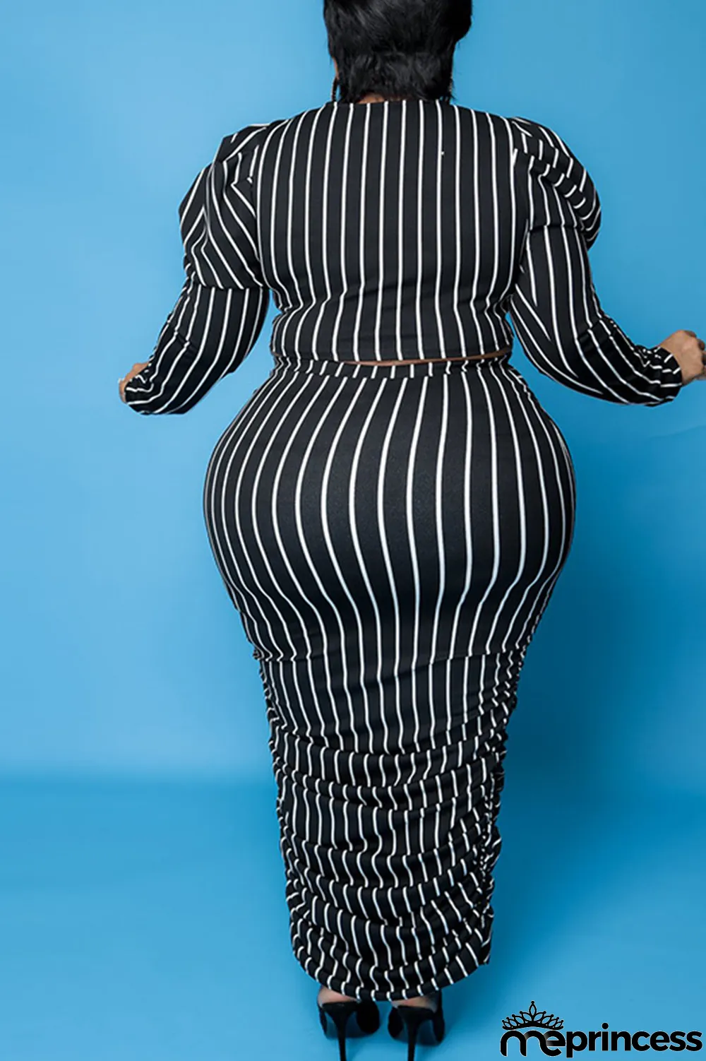 Yellow Casual Striped Split Joint O Neck Pencil Skirt Plus Size Two Pieces