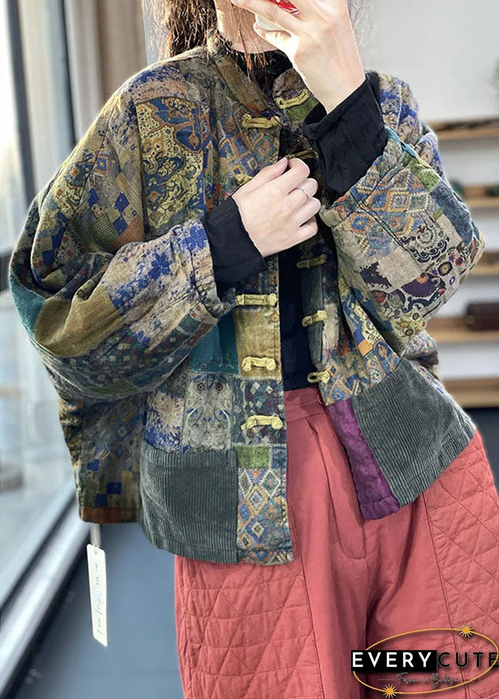 Vintage Red Pockets Button Print Fall Long sleeve Coat