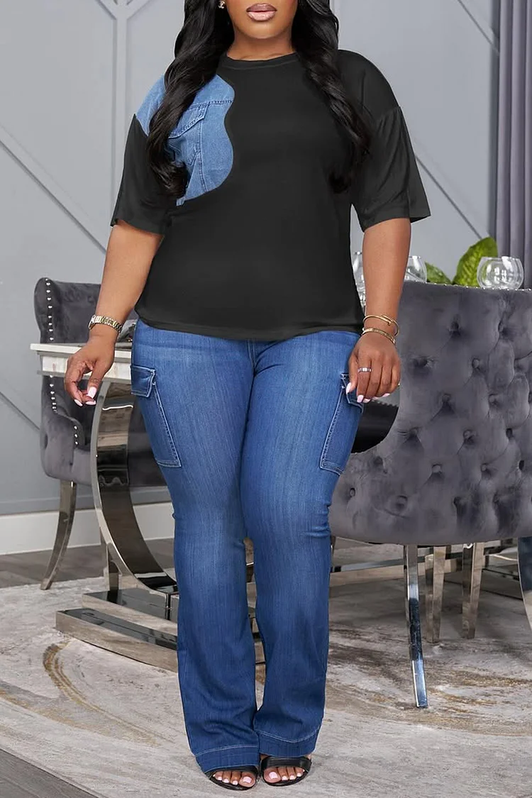 Plus Size Business Casual Black Round Neck Short Sleeve Pocket Denim Two Piece Pant Sets [Pre-Order] 2024 - Xpluswear