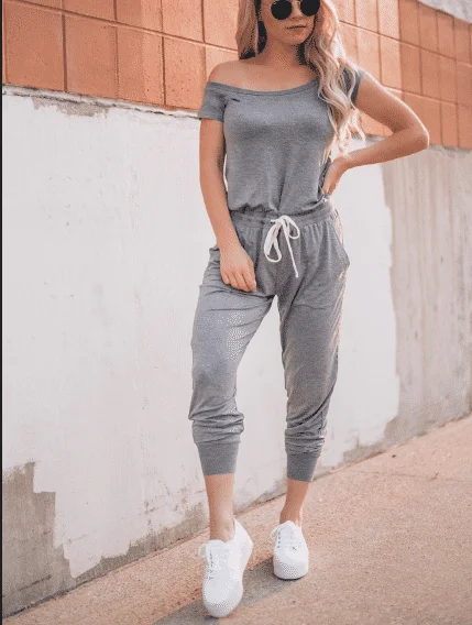 Off Shoulder Drawstring Waist Jumpsuit