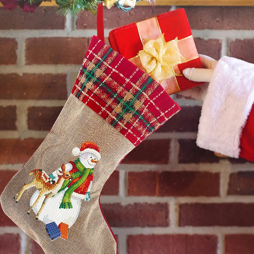 DIY Diamond Painting Christmas Stockings Hanging Ornaments Large Capacity Xmas Socks Pendant Wear Resist Candy Gift Storage Bags for Family Christmas Holiday Party Decoration (Snowman)