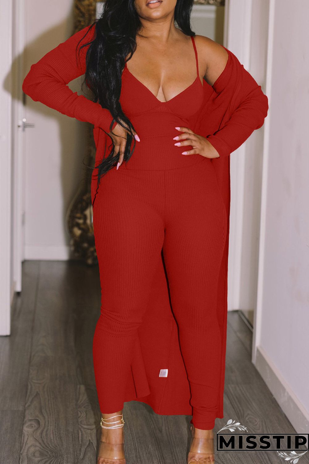 Red Fashion Casual Solid Cardigan V Neck Long Sleeve Two Pieces