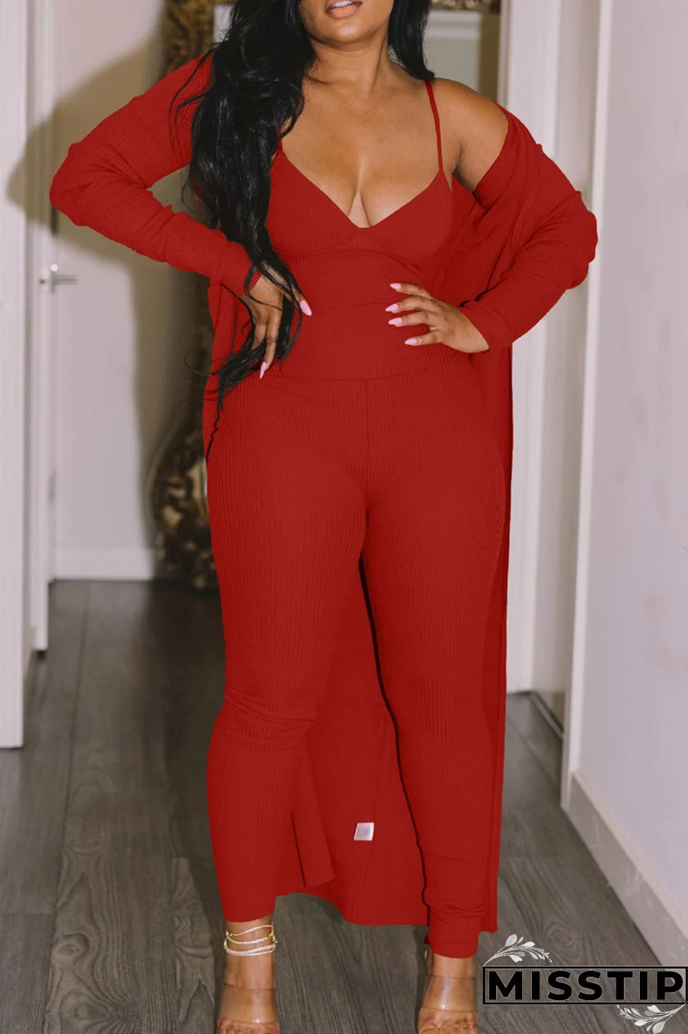 Red Fashion Casual Solid Cardigan V Neck Long Sleeve Two Pieces