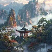 Foggy Mountain Shrine - Diamond Painting