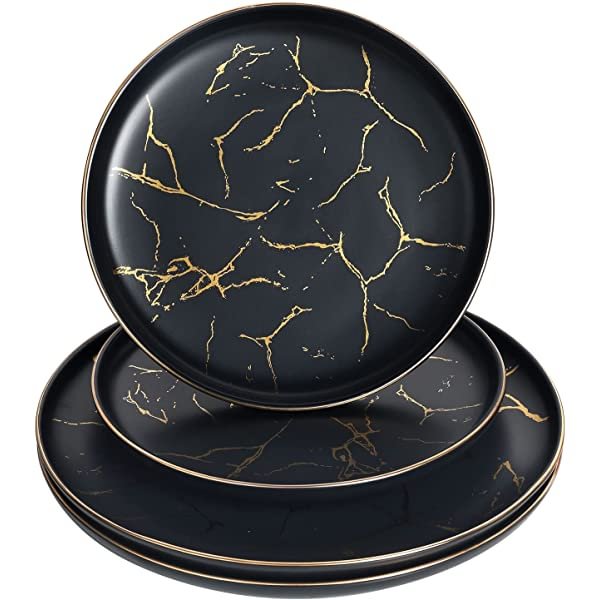 4 Pack - Ceramic Dinner Plates,Nordic Style Marble Gold Inlay Dinner Plates , Microwave、Oven and Dishwasher Safe (Black)