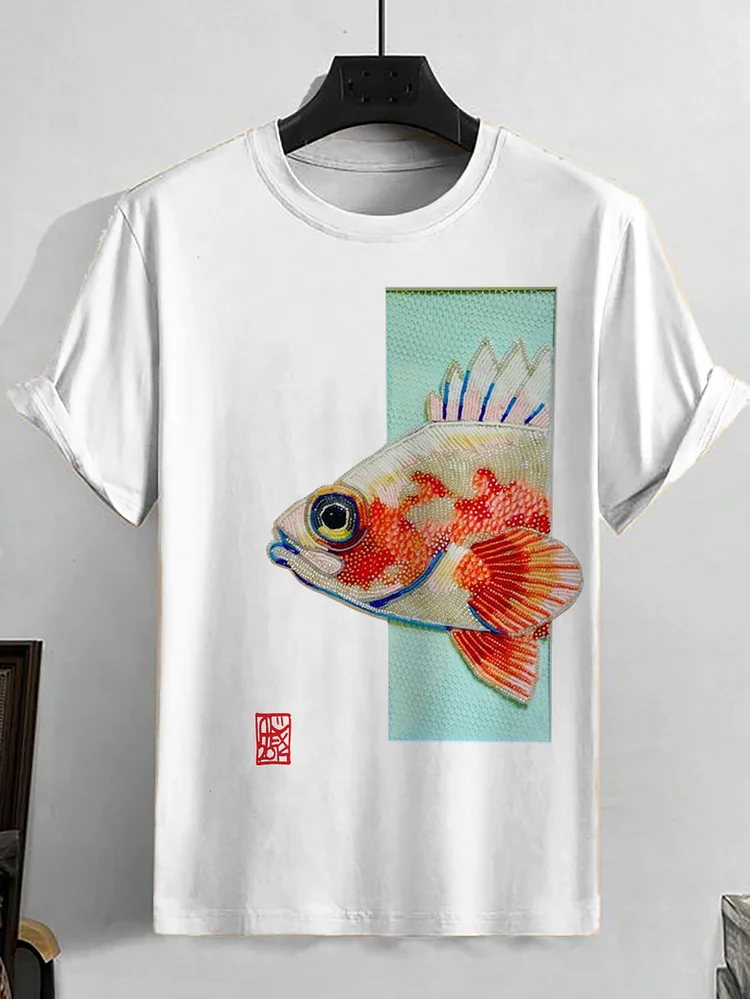Men's Embroidery Goldfish Japanese Art Print Casual Short Sleeve T-Shirt