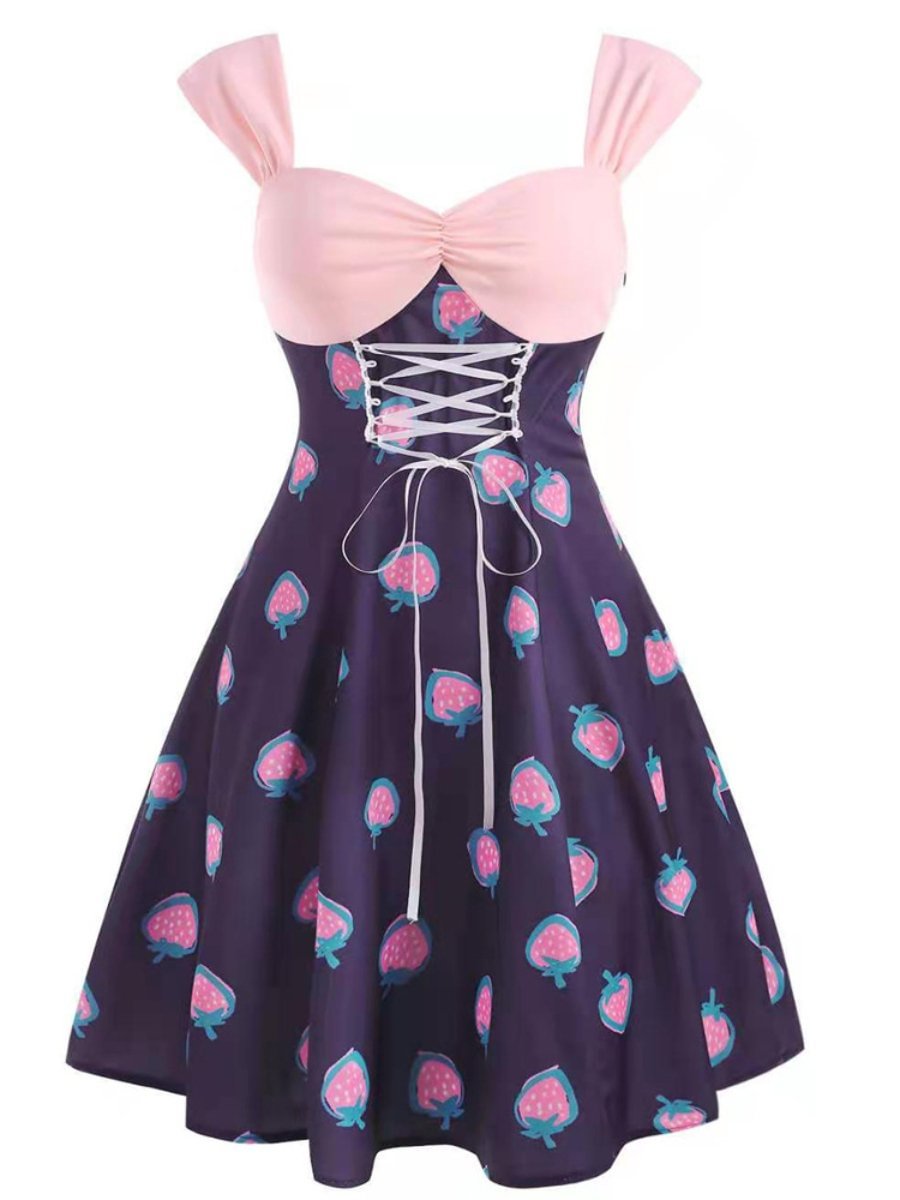 Women's Pink Dresses Strawberry Floral Strappy Square Collar Swing Dresses