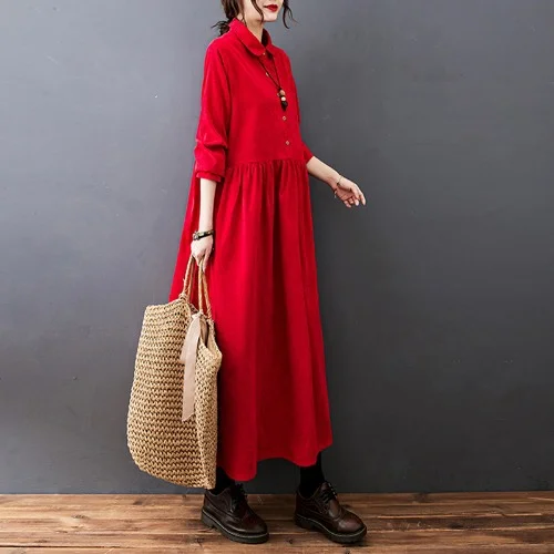 Simple Solid Color Corduroy Maxi Dress