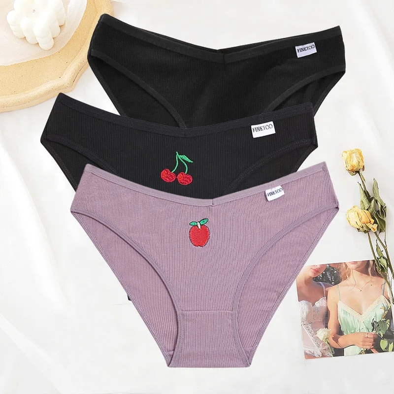 FINETOO 3PCS/Set Women Cotton Embroidery Fruit Panties Underwear V Waist Female M-XL Woman's Briefs Pantys Intimates Lingerie