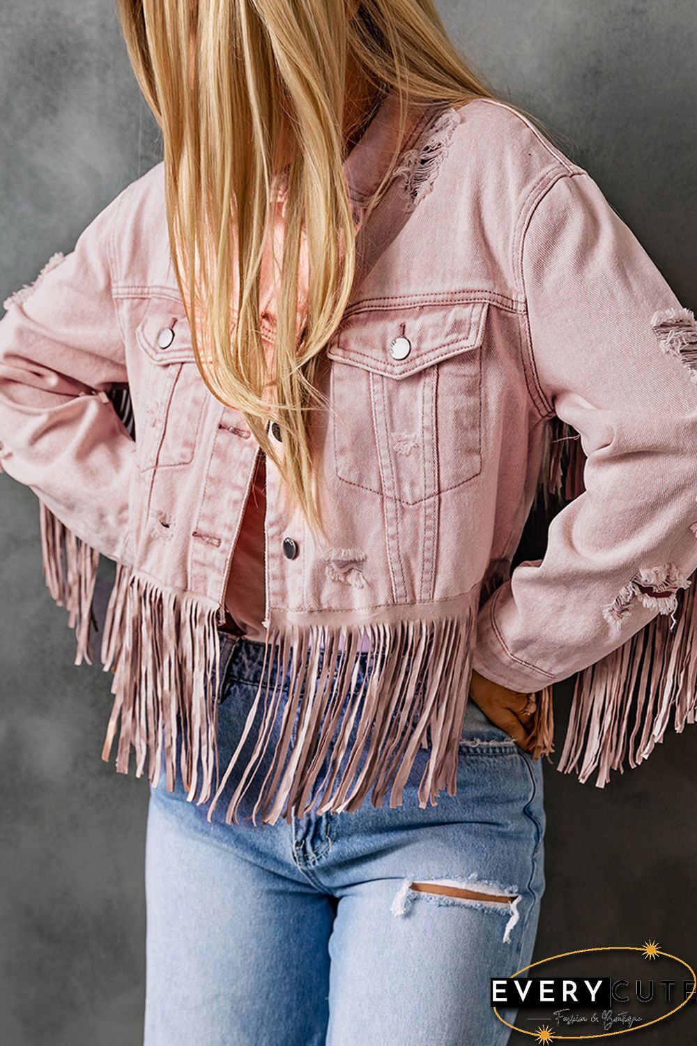 Pink Distressed Fringed Cropped Denim Jacket