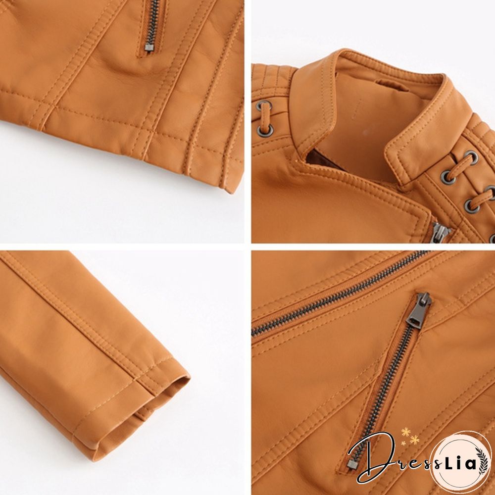 Ladies Fashion Spring and Autumn Short Slim Thin Leather Jacket Motorcycle Suit