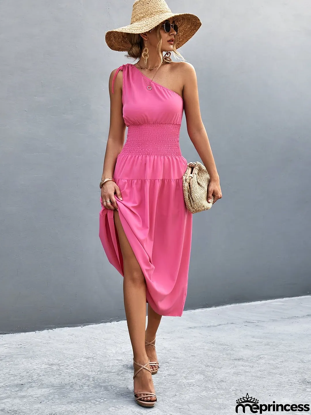 Asymmetrical One Shoulder Smocked Waist Midi Dress