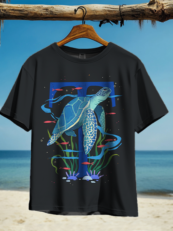 Men's Sea Life Turtle Fish Illustration Print Casual T-Shirt