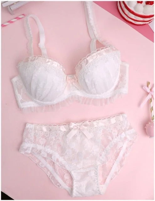 Cute White Underwear Ribbon and Lace Kawaii Princess Girl Lingerie Set Novameme