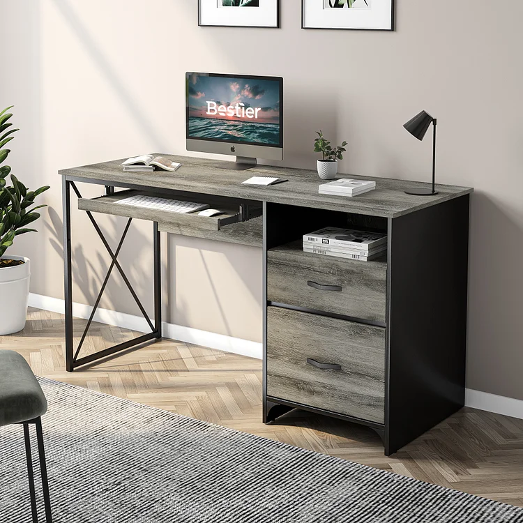 Bestier Office Computer Desk with Storage Drawers, 55" Writing Learning Computer Desk Workstation with Keyboard Tray for Home Office, Dark Gray Oak