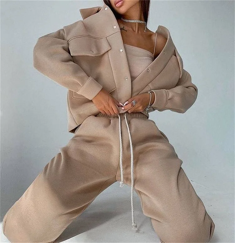 Autumn Winter Solid Color Women Jacket Top Casual Trousers Suit Long Sleeve Coat Sweatshirt Two Piece Set for Women