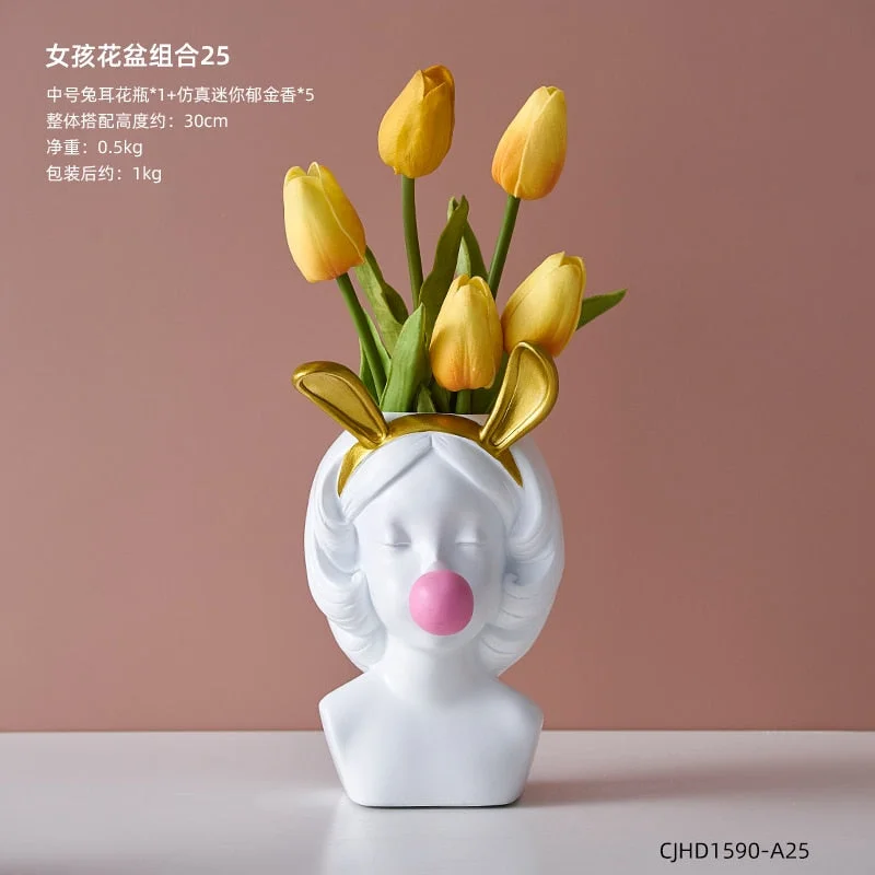 Nordic style girl flower pot plant resin flower pot rabbit ear/cat ear girl potted modern living room decoration decoration gift