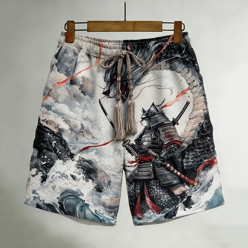 Vintage Japanese Style Dragon Art Retro Casual Linen Shorts elevenforest
