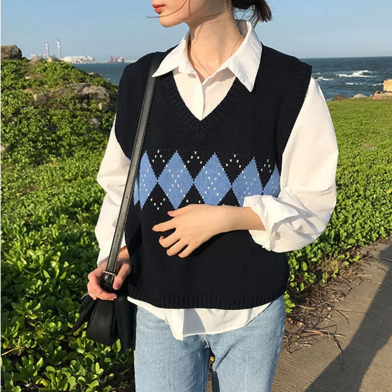 Women Sweaters Vest Winter Argyle Knitted Sweater Ladies Geometric Pattern Pullovers Tops Female Oversize Tank Tops Pull Femme
