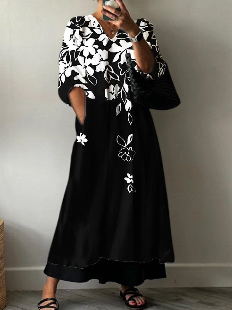 Art Print Pocket V-neck Cotton Dress