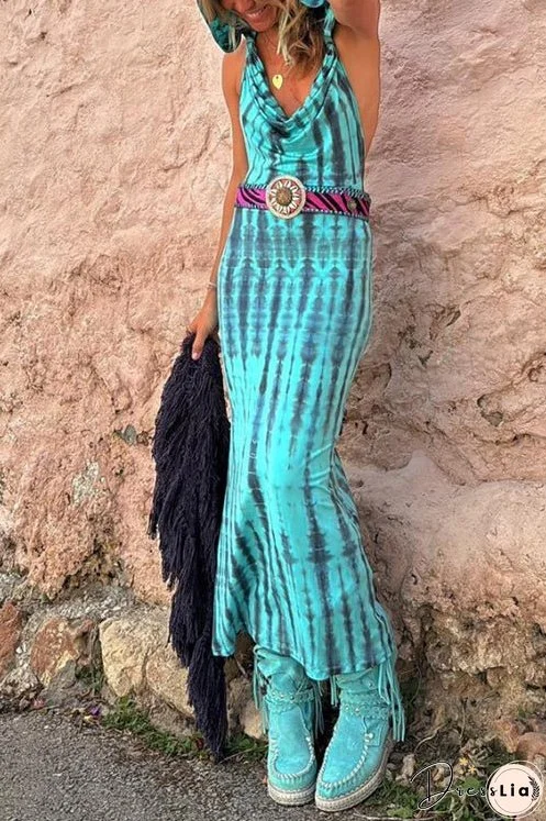 Meridress Cowl Neck Backless Tie Dye Hoodied Maxi Dress