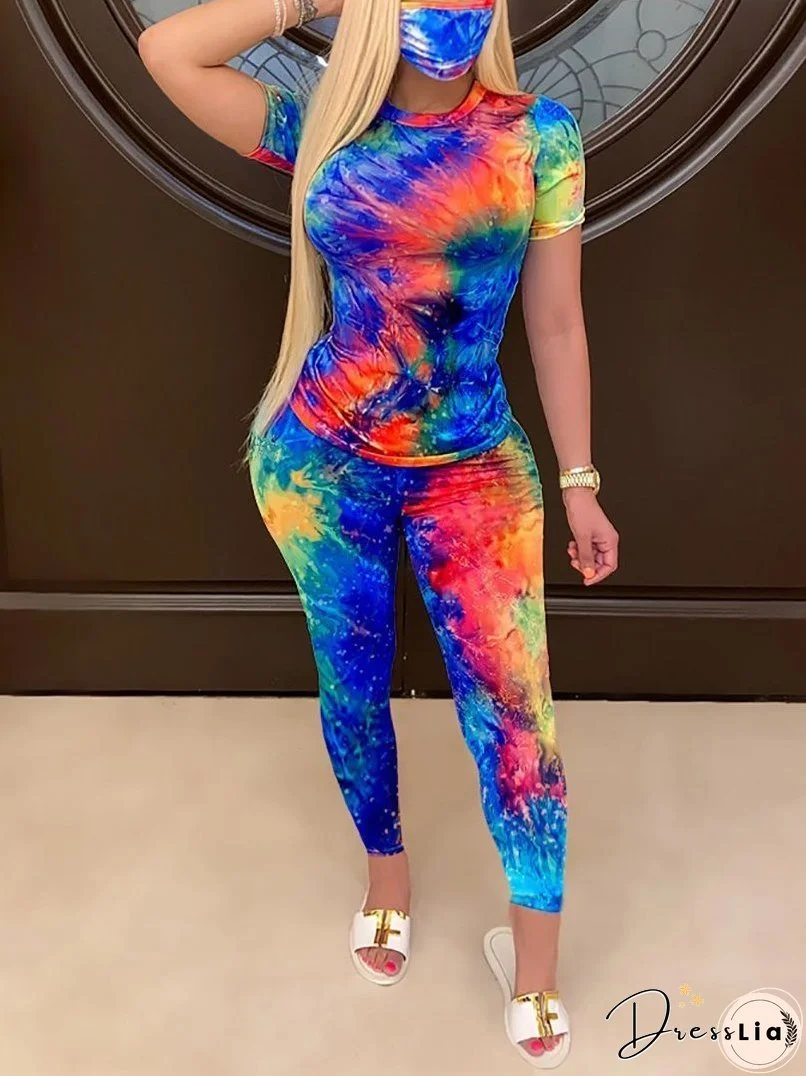 Tie Dye Print Round Neckline Casual Top & Pant Set