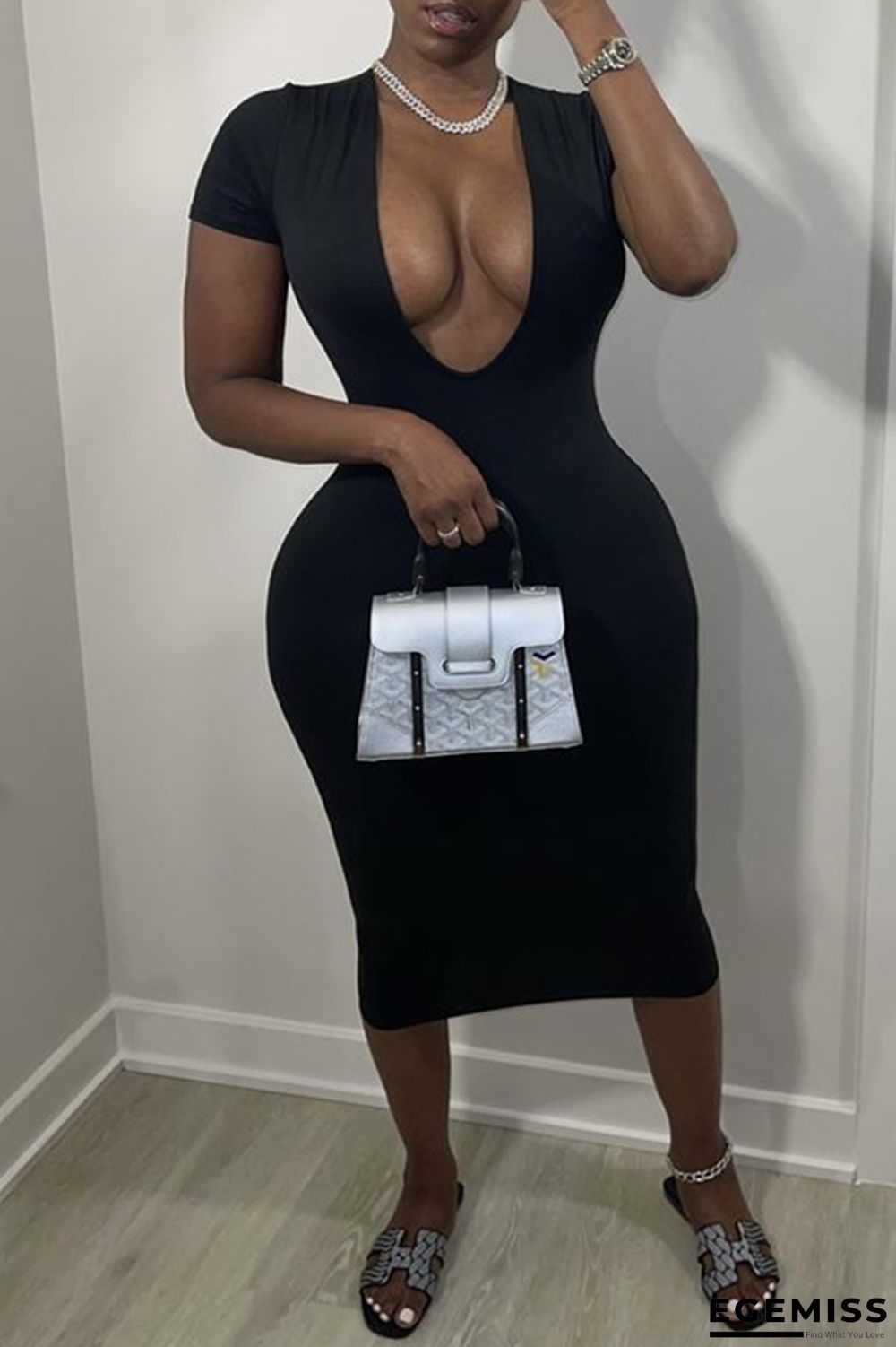 Black Sexy Casual Solid Basic V Neck Short Sleeve Dress | EGEMISS