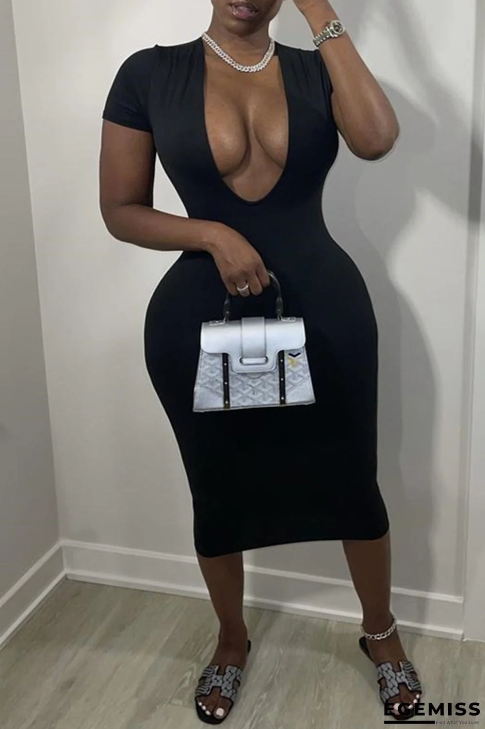 Black Sexy Casual Solid Basic V Neck Short Sleeve Dress | EGEMISS