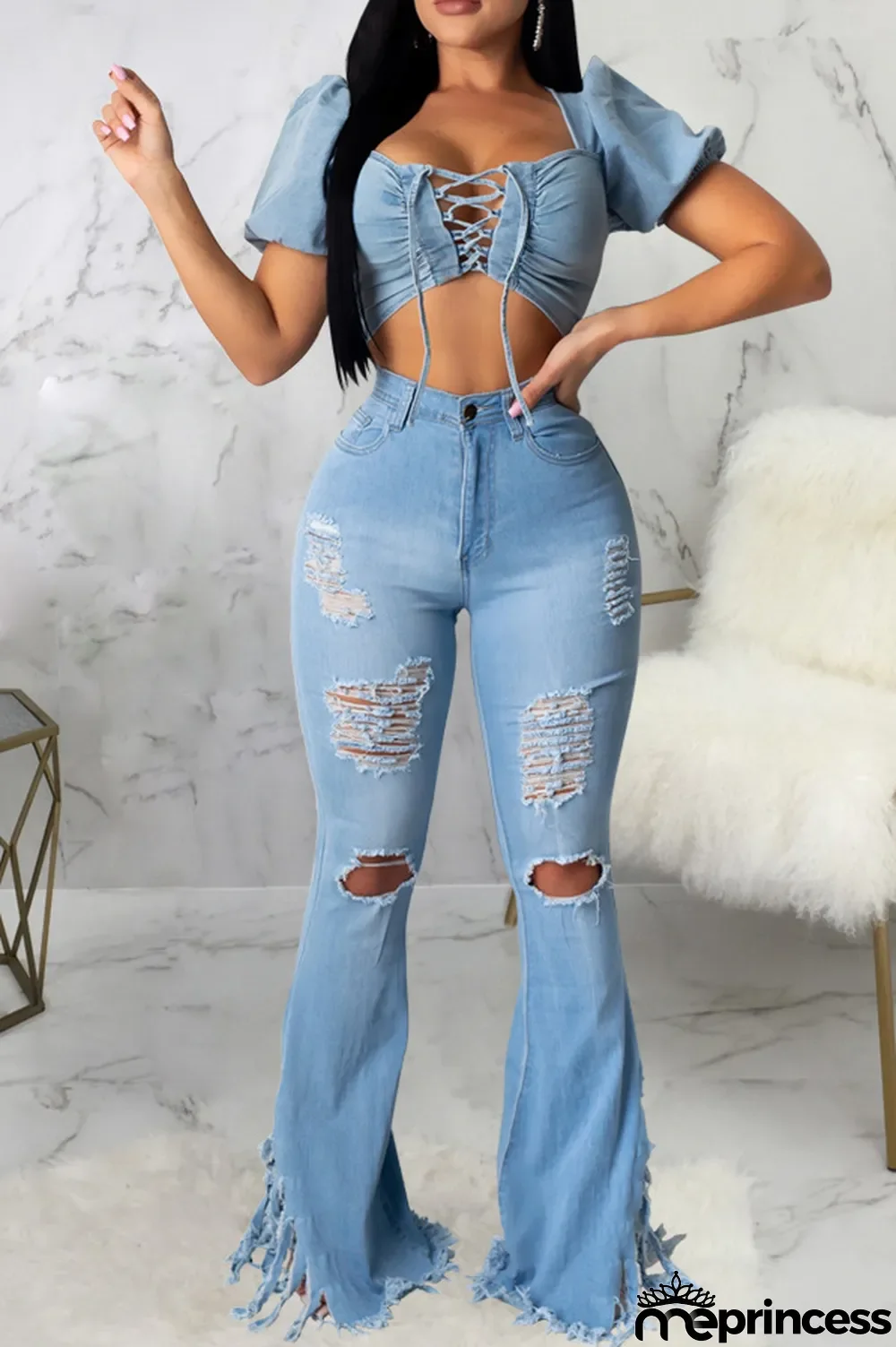 Light Blue Denim Zipper Fly High Hole washing Boot Cut Pants Bottoms
