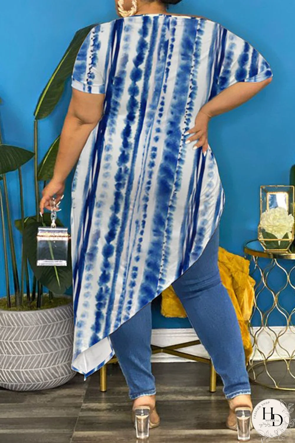 Yellow Fashion Casual Print Bandage Asymmetrical O Neck Plus Size Tops