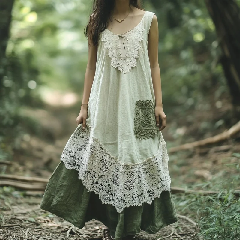 Vintage Lace Patchwork Sleeveless Comfy Linen Dress