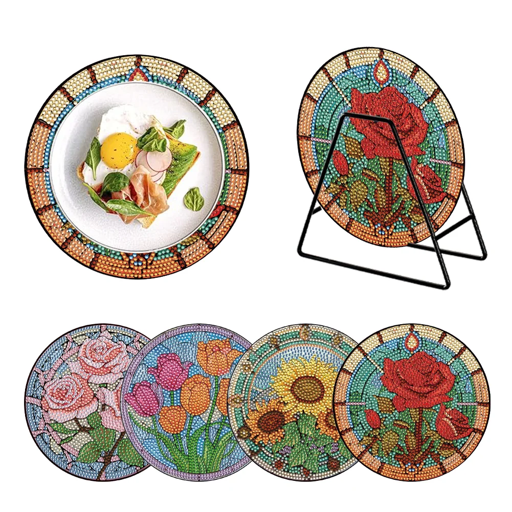4pcs DIY Stained Glass Flower Wooden Diamond Painted Placemats for Dining Table Decor(16*16cm)
