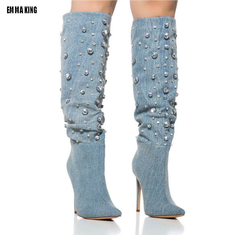 VCSHOES Pearls Pointy Denim Knee High Boots For Women Chic High Heels Shoes Female In Long Boots 44