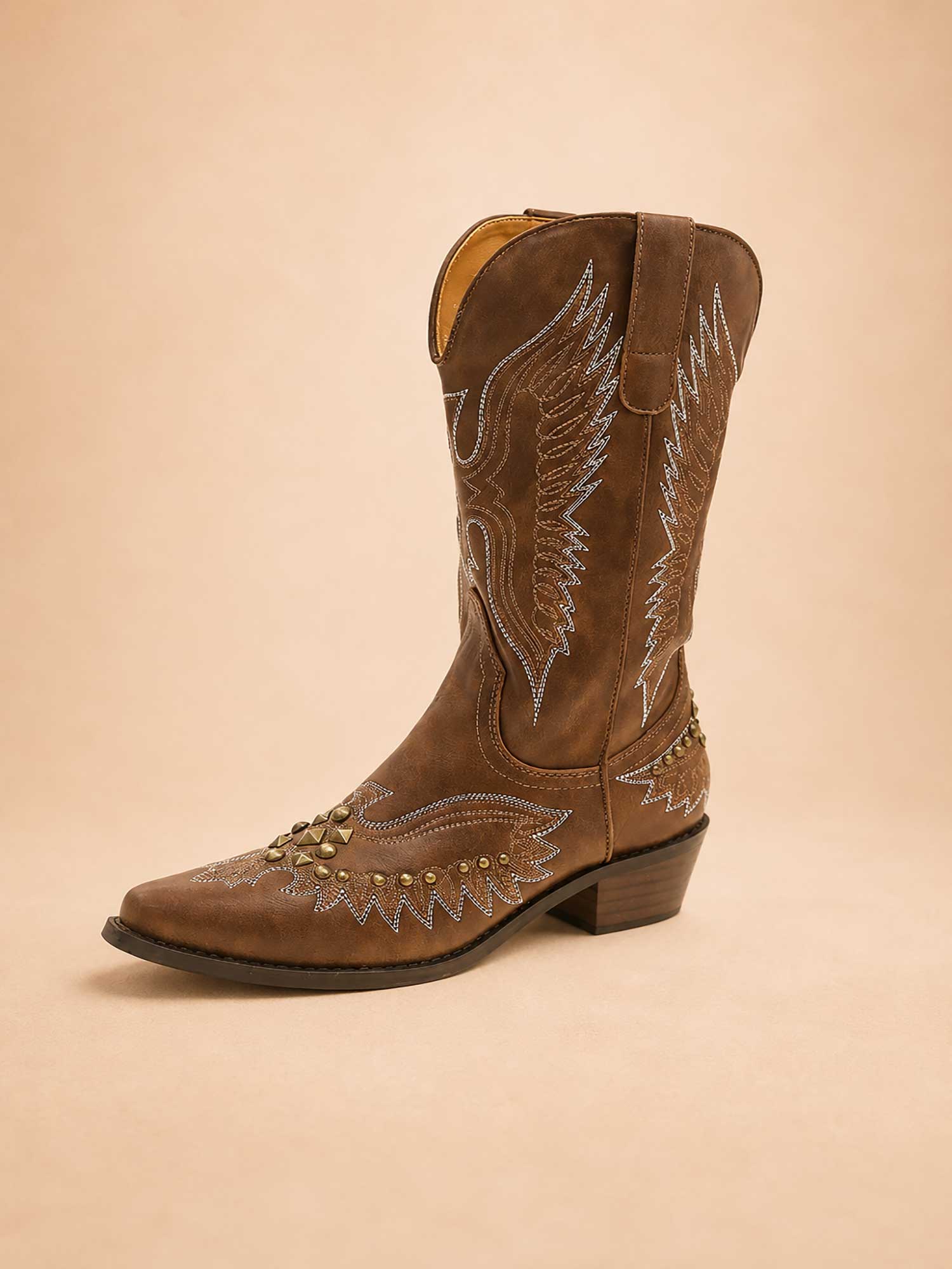 Perfect for a Country Music Festival &mdash; Brown Wing Embroidered Studded Spring/Summer 2026 Faux Leather Women's Western Boots