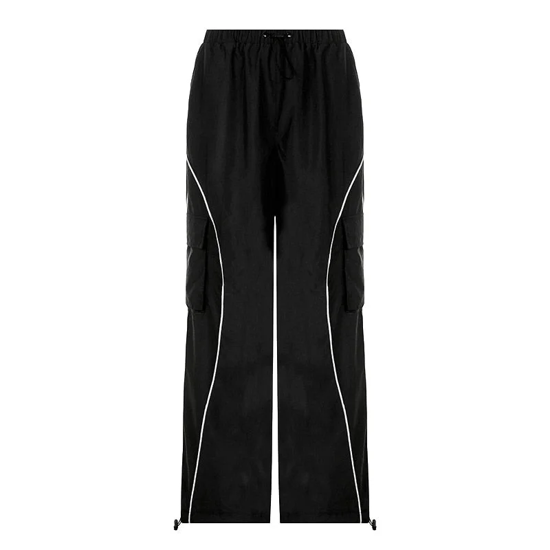 BIIKPIIK Loose Cargo Pants Women Workout Overalls Sporty Casual Side Stripe Drawstring Middle Waist Trousers Woven Jogging Pant