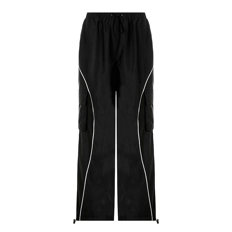 BIIKPIIK Loose Cargo Pants Women Workout Overalls Sporty Casual Side Stripe Drawstring Middle Waist Trousers Woven Jogging Pant
