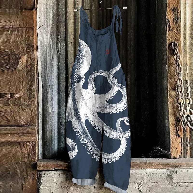 Vintage Japanese Art Octopus Print Casual Loose Jumpsuit