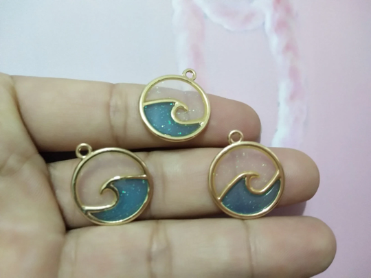 10Pcs/lot Gold Plated Karma Round drop glaze Charms, Ocean Wave Pendants Charm,Wave Charm -20 mm
