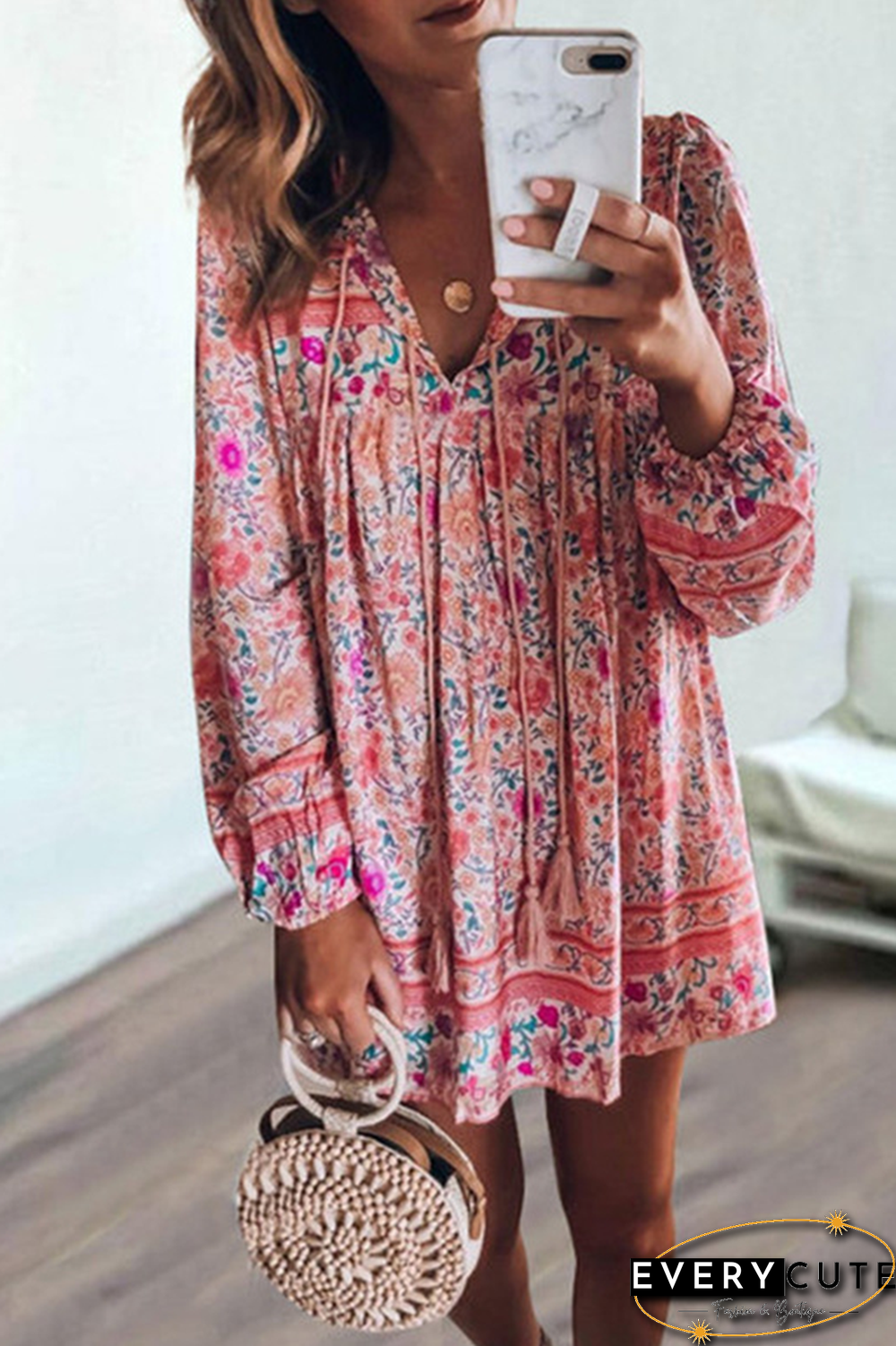 Casual Print Split Joint V Neck Cake Skirt Dresses(4 Colors)