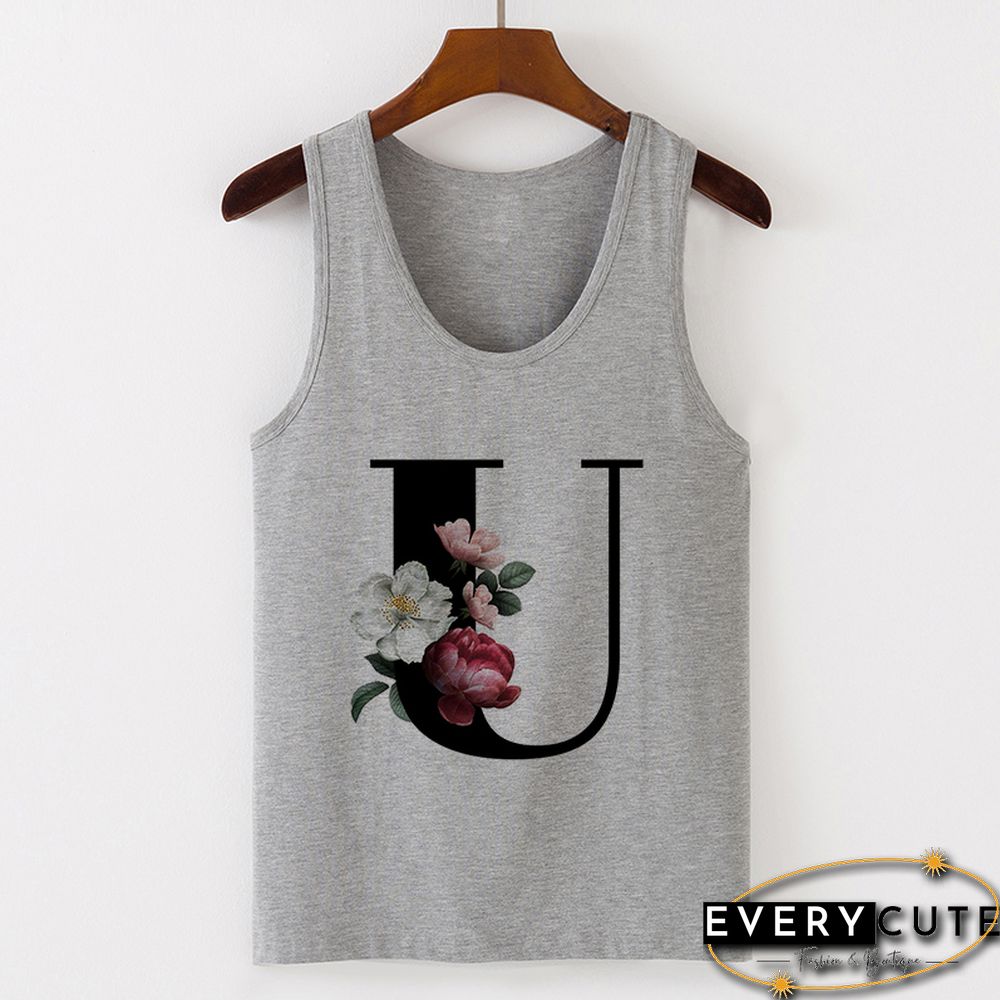Summer Alphabet Print Camisole Sexy Tank Tops Vest Women Tee Shirt Sleeveless Gray Female
