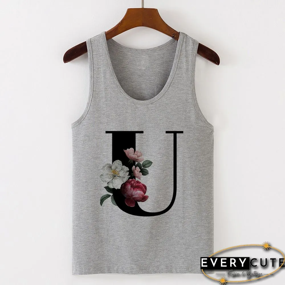Summer Alphabet Print Camisole Sexy Tank Tops Vest Women Tee Shirt Sleeveless Gray Female
