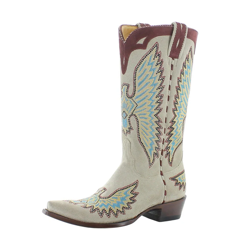 Taupe Vegan Suede Embroidered Wing Mid Calf Cowboy Boots for Women