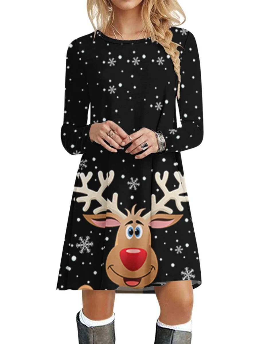 Women's Dress Round Neck Long Sleeve Christmas Printed Swing Dress