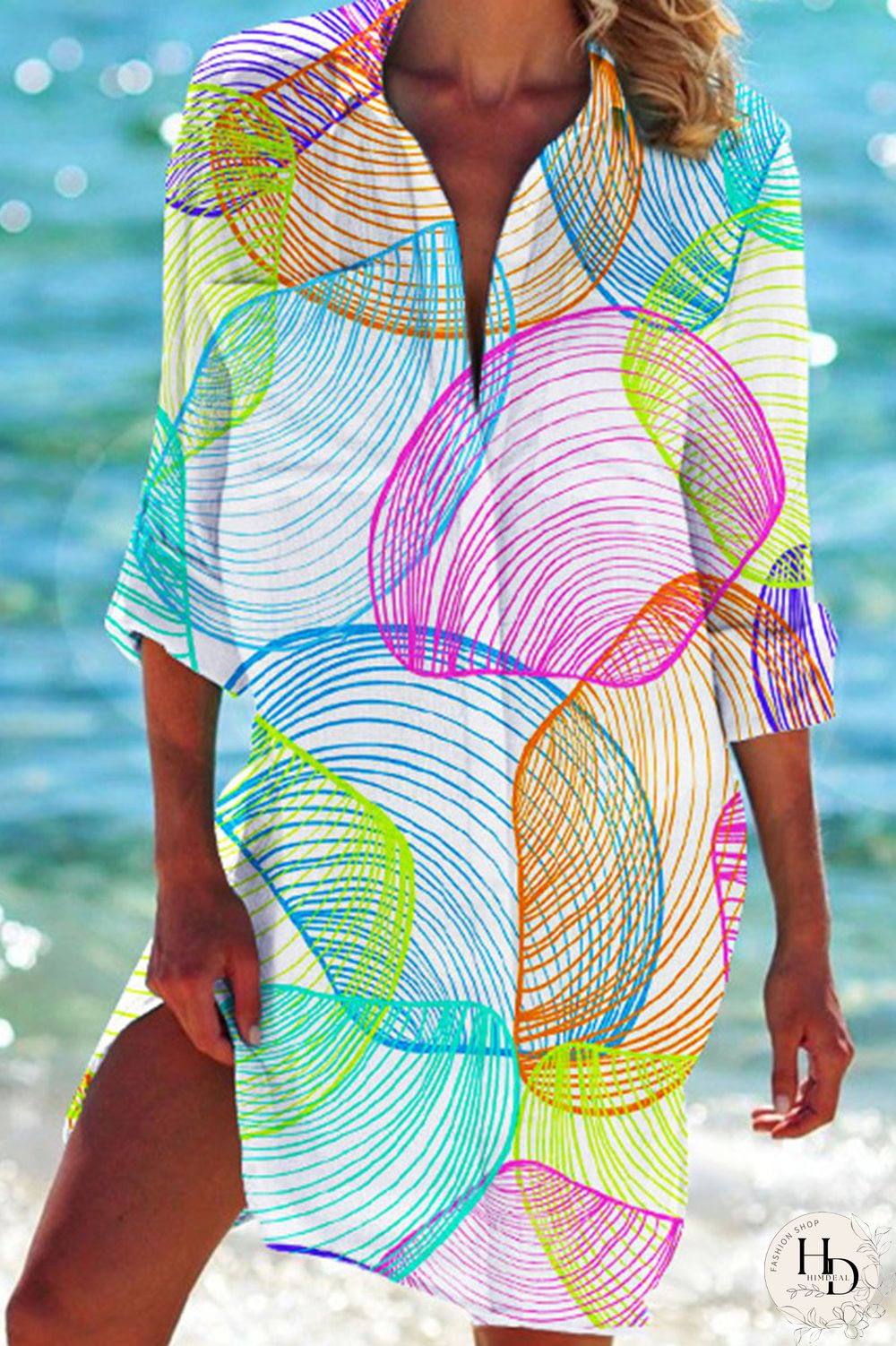 Sky Blue Casual Print Patchwork Buckle Turndown Collar Tops