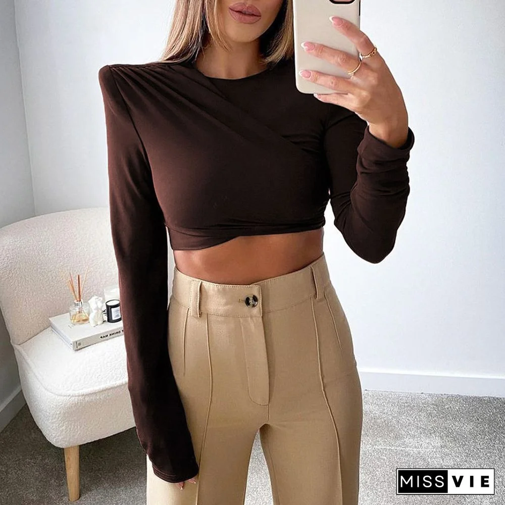 O Neck Brown Long Sleeve Crop Top Women Basic Casual Autumn Winter Sexy T Shirts Black Ruched Streetwear Fashion