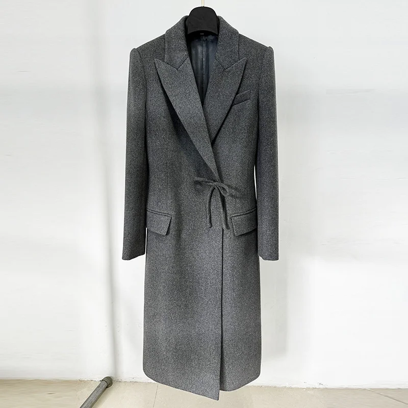 Nigikala Nigikala Autumn And Winter New Star Fashion Repair Bow Long Hair Wool Wool Wool Wool Wool Wool Woolen Coat Gray Coat Coat