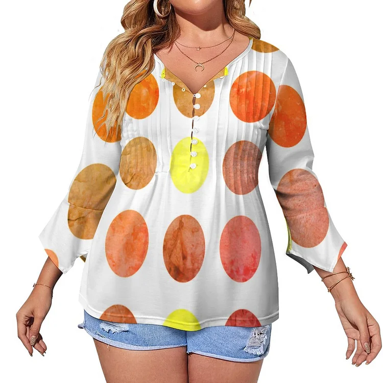 Big Distressed Yellow Orange Colorful Polka Dots Button Popover Shirt Women mid sleeve Tunic Tops Loose Fit V neck Pleats Blouses - Heather Prints Shirts