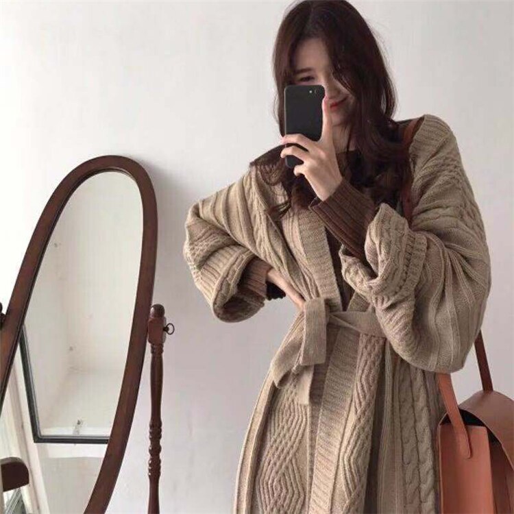 Winter Female Sweater Knitted Long Cardigans Lace Up Casual Elegant Loose Coat