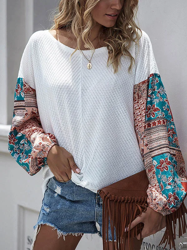 Floral-Print  Split-Joint Batwing Sleeves Bohemia Long Sleeve T Shirt